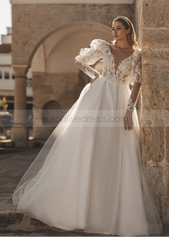 Long Sleeves Beaded Ivory Lace Tulle Sweet Wedding Dress